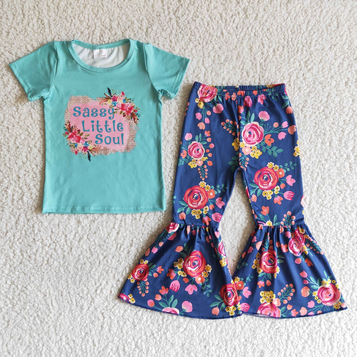 Sassy little soul blue T-shirt rose bell bottom pants set