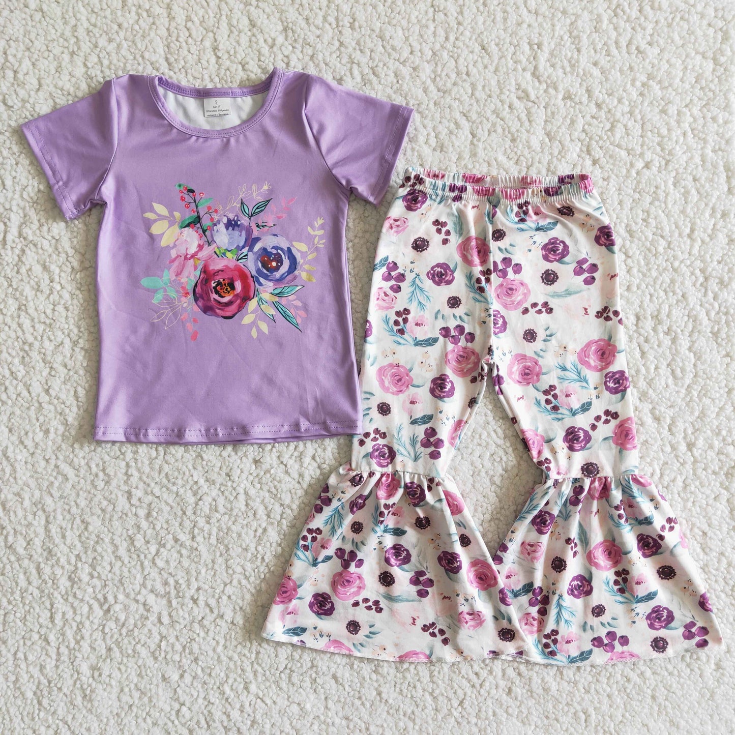 Flower Purple short sleeve T-shirt bell bottom pants Set