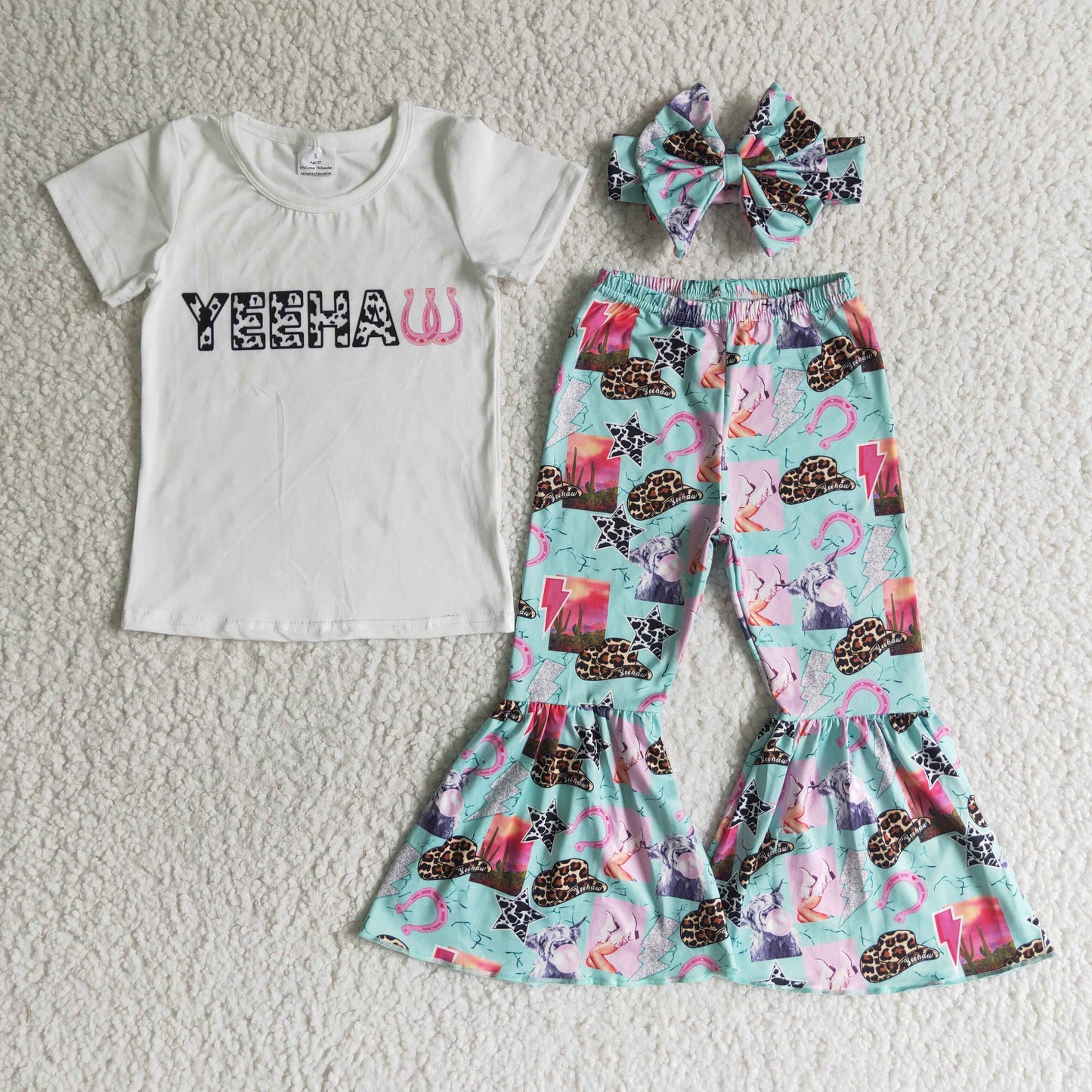 Yeeha white T-shirt hat print bell bottom pants set