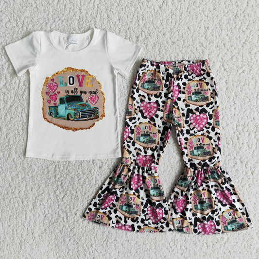 Love is all you need White T-shirt heart print bell bottoms set