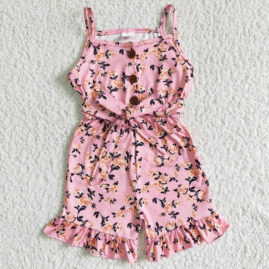 Pink flower suspender ruffle romper