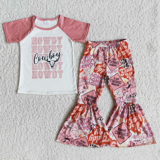 Howdy cowboy pink T-shirt Bell bottoms pants set