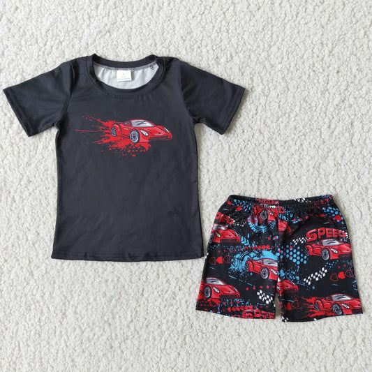 Red car Black T-shirt boy short sleeve shorts set