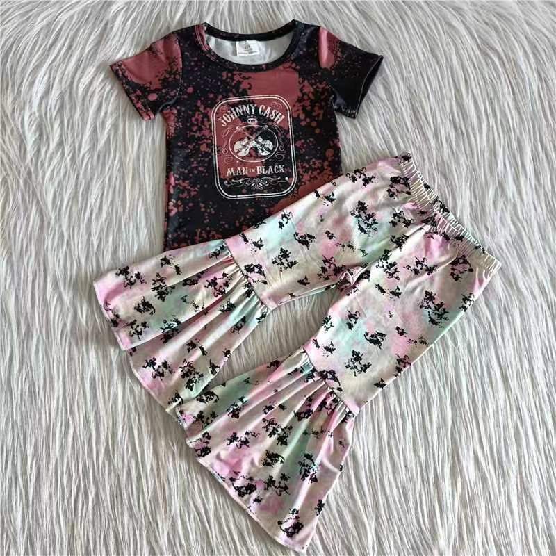 Red Letter T-shirt Cartoon Bell Bottom Pants Set