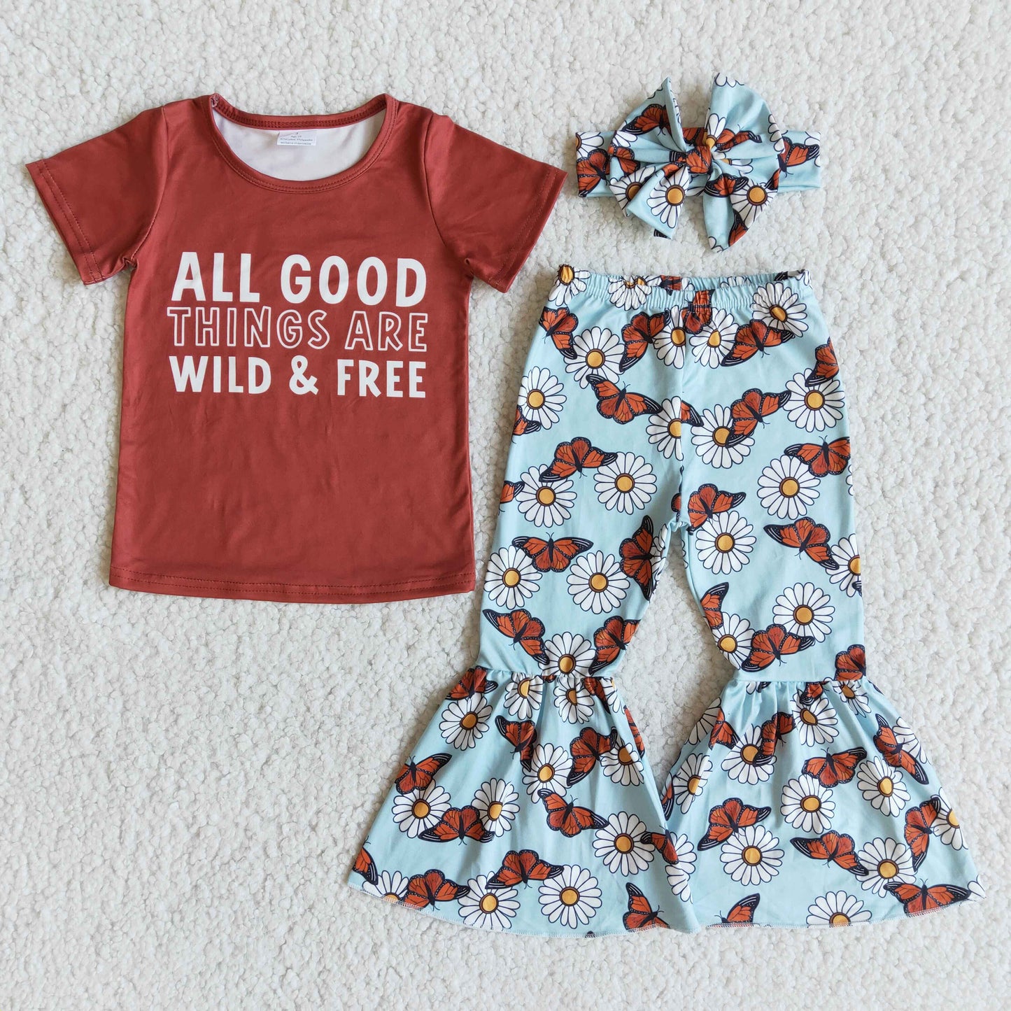 All Good Things are wild & Free BOW T-shirt Sunflower Bell Bottom Pants Set