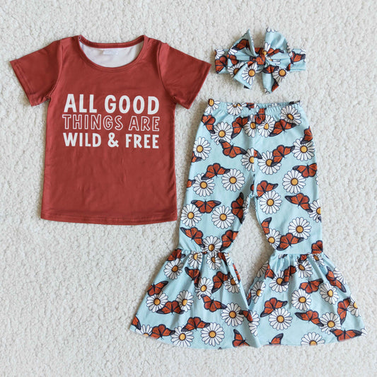 All Good Things are wild & Free BOW T-shirt Sunflower Bell Bottom Pants Set