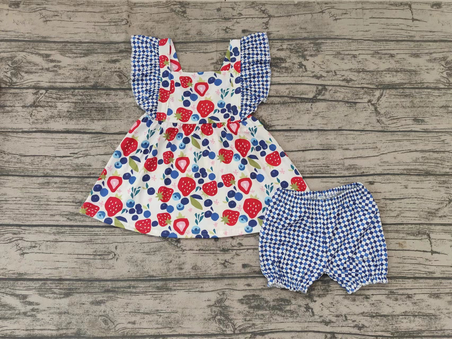 Strawberry blue flutter sleeve top plaid shorts set