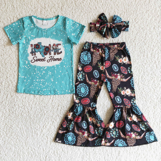 Sweet home blue T-shirt heifer bell bottom pants set with bow