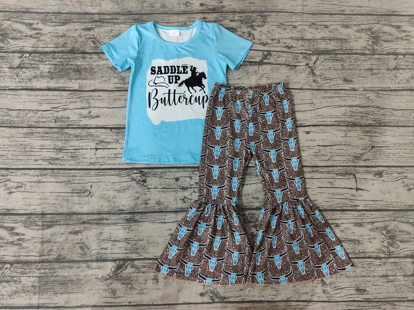 Saddle up blue T-shirt bell bottom pants set-preorder