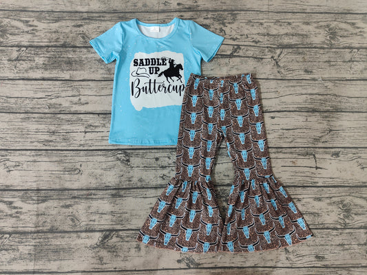 Saddle up blue T-shirt bell bottom pants set-preorder