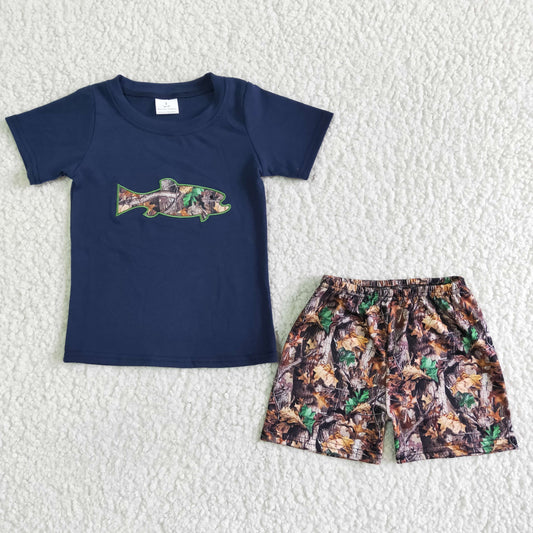 Fish Camo embroidery dark blue T-shirt camo boy shorts set