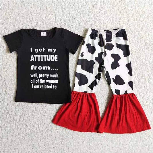 I get my attitude from Black T-shirt Cow print red bell bottoms set