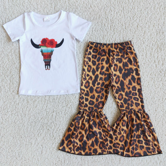 Heifer White Top Leopard Pants Girl bell Bottom Set