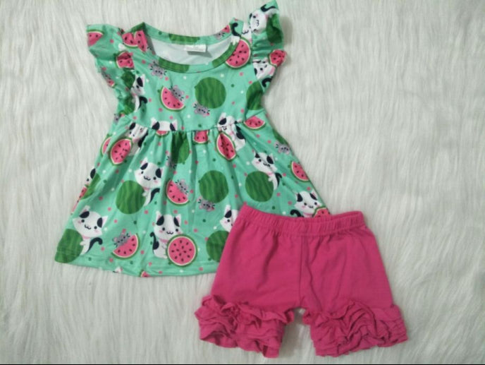 Watermelon short sleeve dress pink Ruffle Pants Outfit