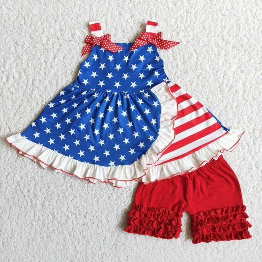 American Flag print Top Ruffle Shorts  Set