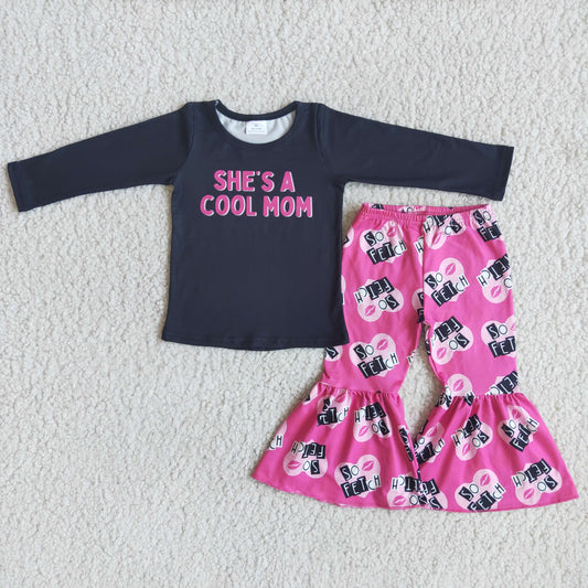 She is a cool mom Girl bell bottom Set