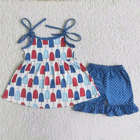 American Flag print Top blue Ruffle Shorts Set