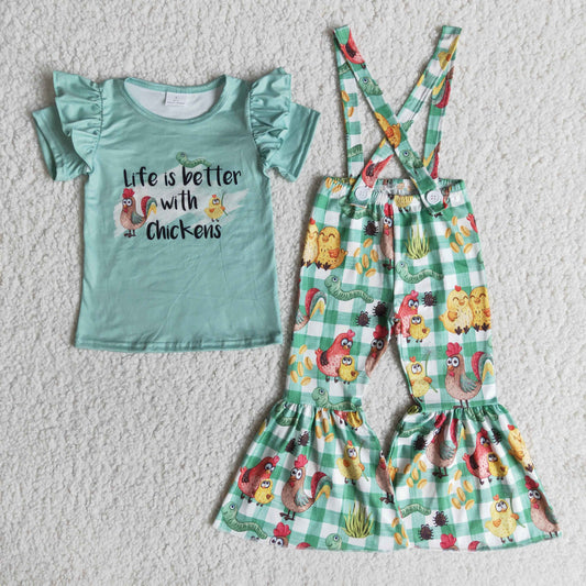 Life is better with Chicken Green T-shirt Suspender Bell Bottom Pants Outfit