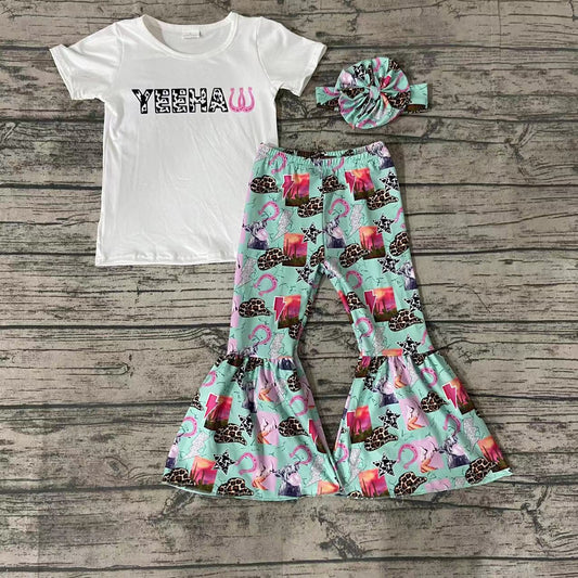 Yeeha white short sleeve T-shirt bell bottom pants set with bow-preorders