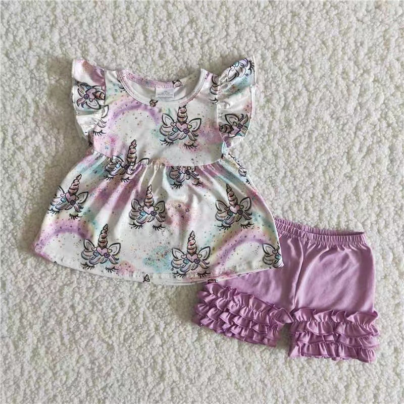 Unicorn flutter sleeve top Purple ruffle shorts set