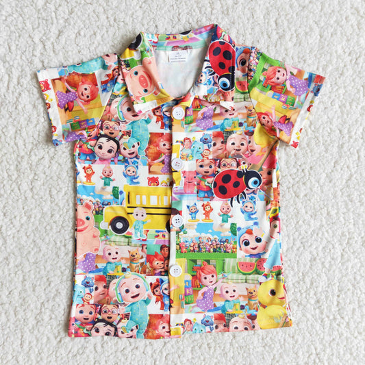 Cartoon print short sleeve T-shirt with coller