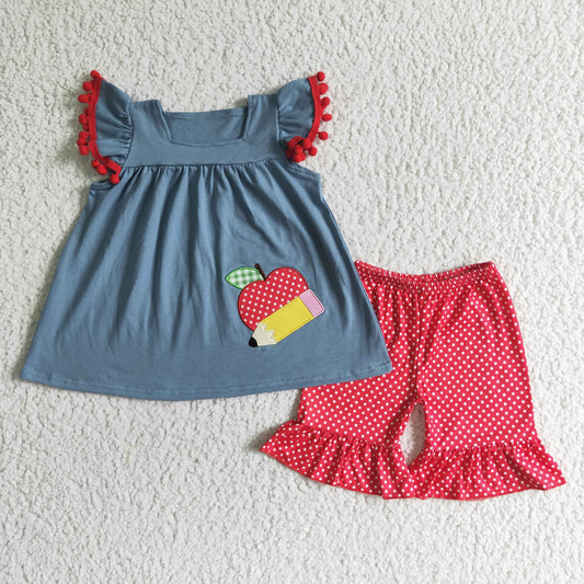 Back to school Apple embroidey flutter sleeve Top red shorts set