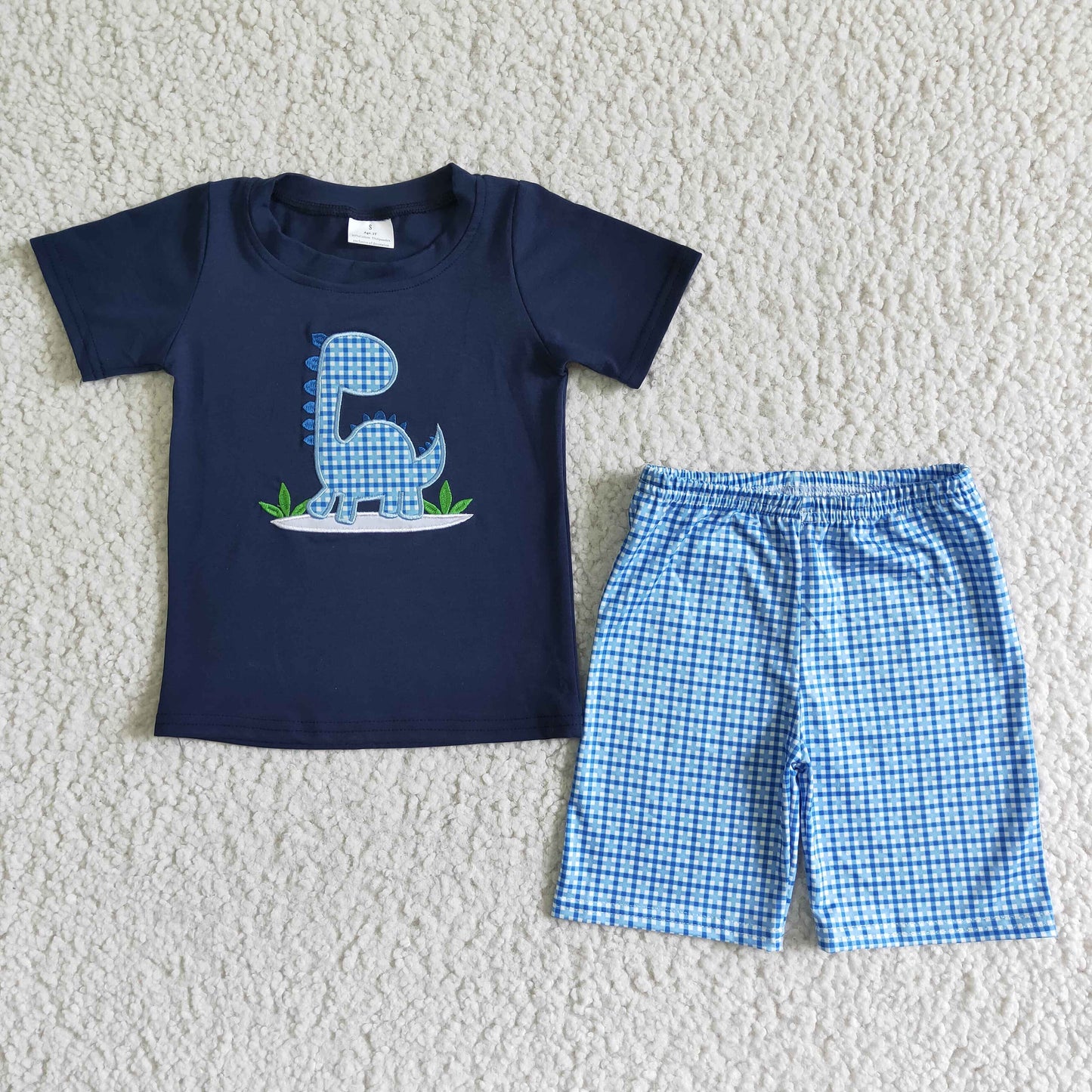 Embroidery blue tortoise short sleeve Top blue plaid Shorts Set