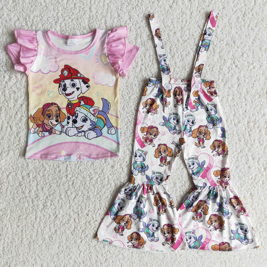 Cartoon dog girl Ruffle sleeveless top bell bottoms suspender set