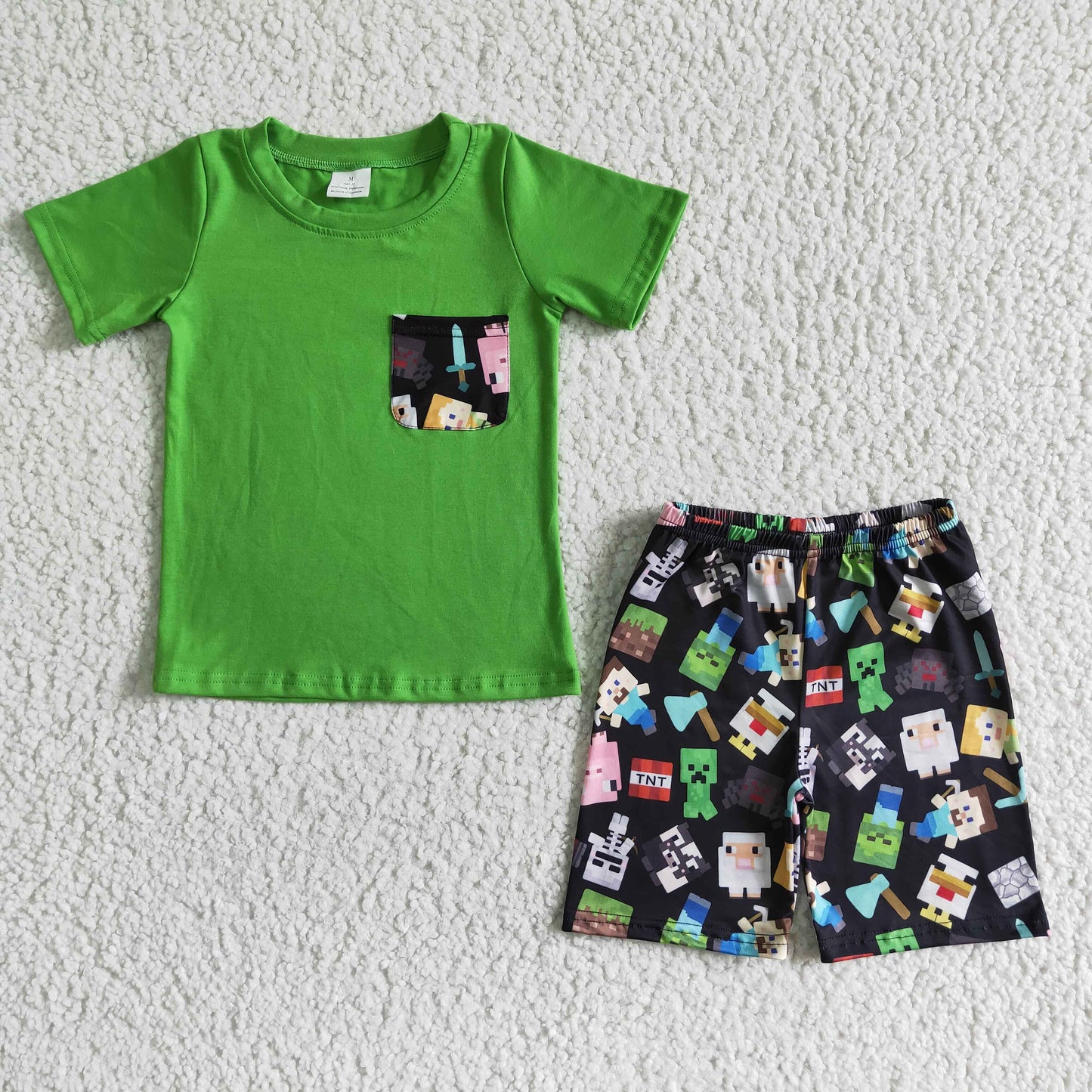 Cartoon boy green short sleeve Top shorts set