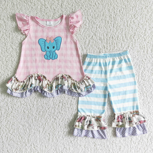 Embroidery Elephant Flutter Sleeve ruffle Capris Set -preorder