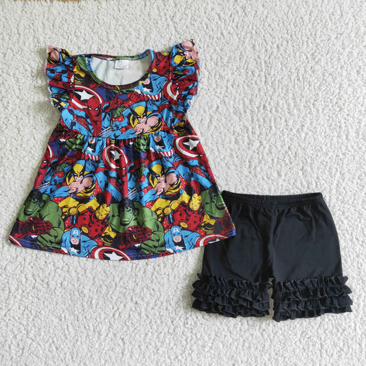 superhero flutter sleeve Top black girl ruffle Shorts Set