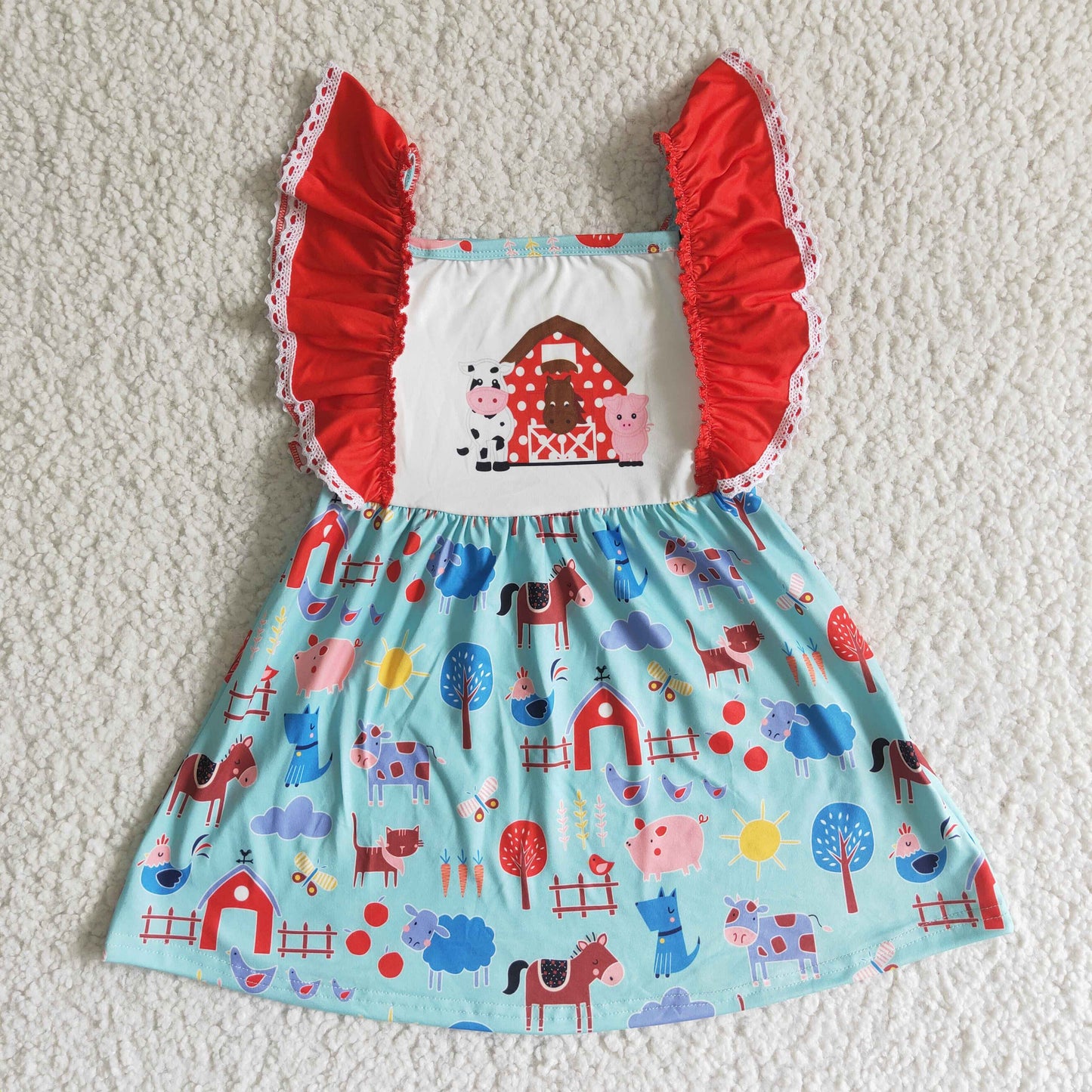 Farm Pig cow red House flutter sleeve Dresses