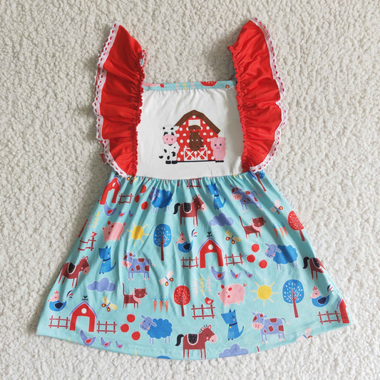 Farm Pig cow red House flutter sleeve Dresses