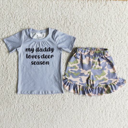 My Daddy loves deer season gray tops camo shorts Set B11-22