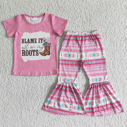 Blame it roots pink T-shirt bell bottom pants set