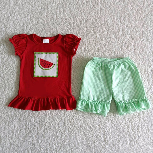 Watermelon Red short sleeve  T-shirt Green Ruffle Pants Outfit