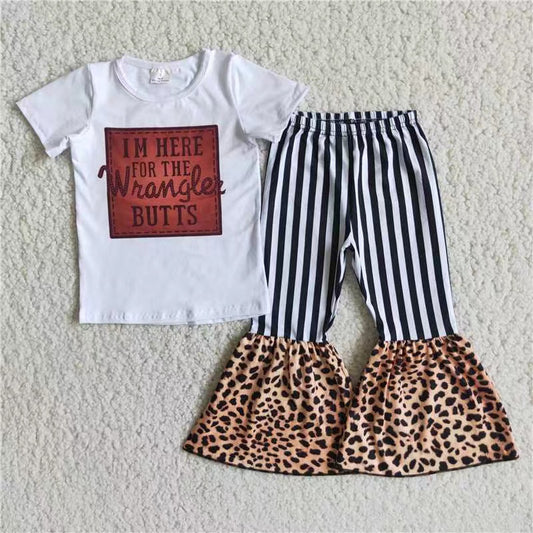 Letter Butts Top Black Stripe Leopard Bell Bottom Pants Girl Set