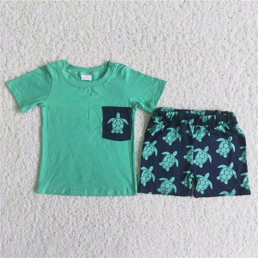 Sea Turtle Print Green T-shirt shorts Set