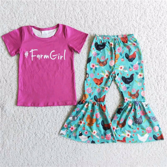 Farm Girl Pink Top Chicken Blue Bell Bottom Pants Girl Outfit