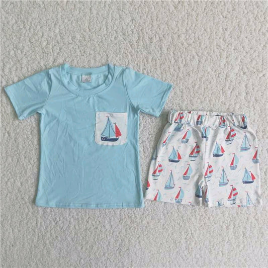 Blue ship T-shirt shorts Set