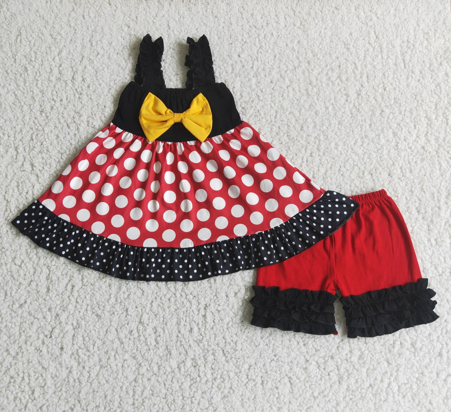 white Polka black ruffle red dress black ruffle shorts set