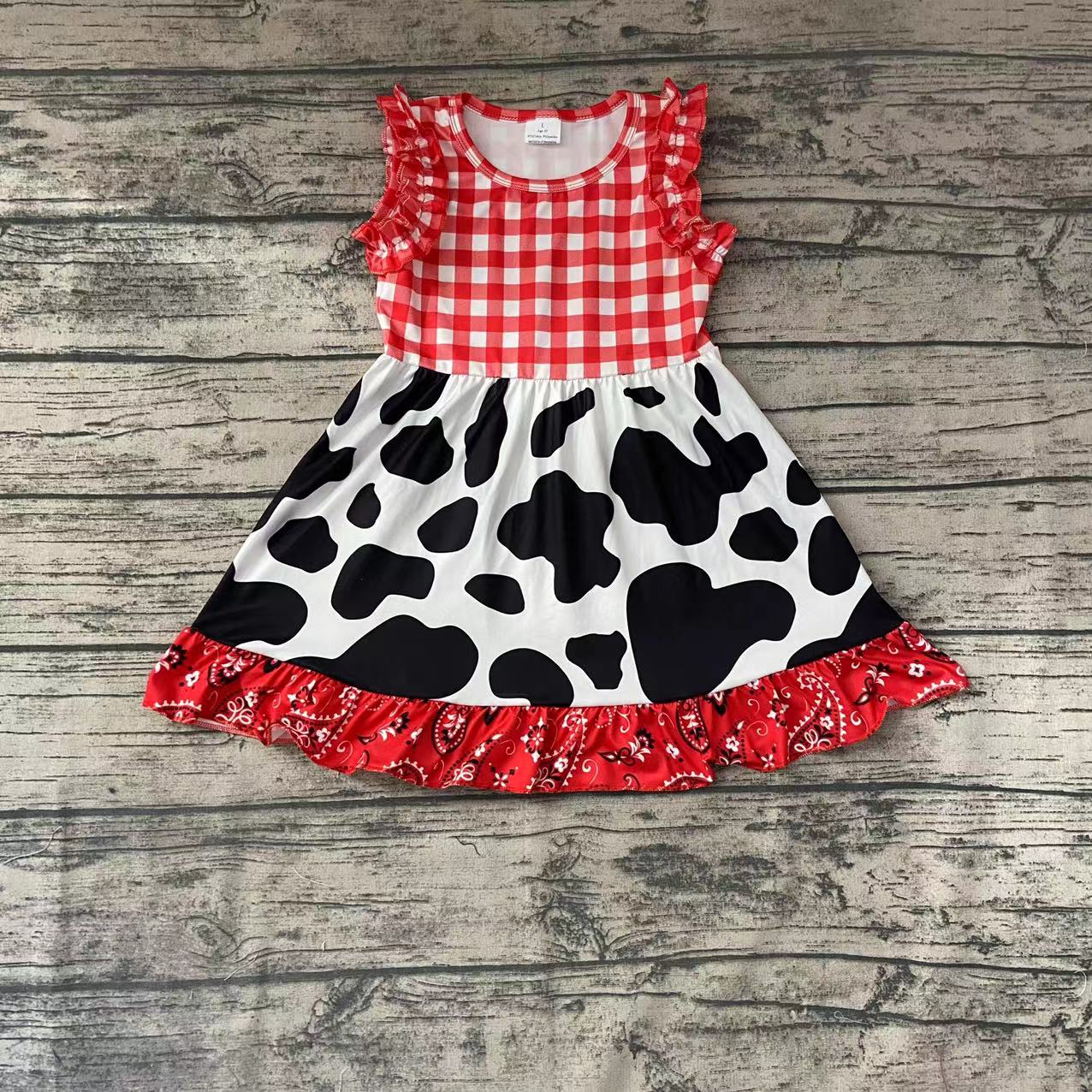 red plaid cow print Girl ruffle sleeve Dresses