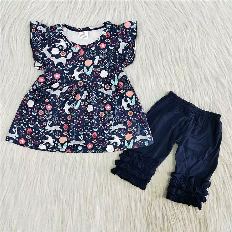 Girl Dark blue Flower Short Sleeve Ruffle Shorts Set