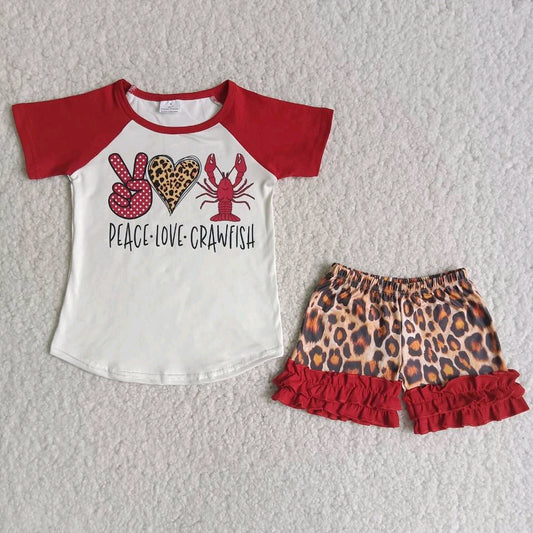 Peace love Crawfish white t-shirt leopard ruffle shorts set