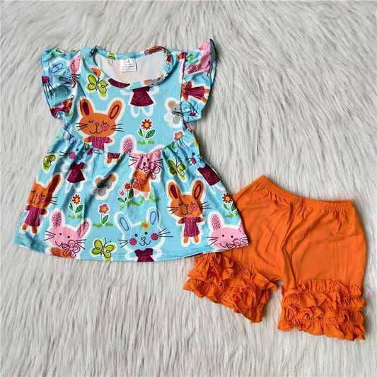 Easter Rabbit Short Sleeve Orange Shorts Set