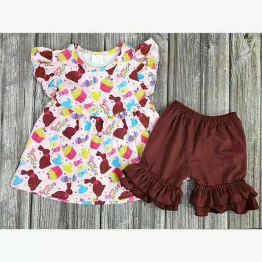 Easter Rabbit Short Sleeve brown Shorts Set