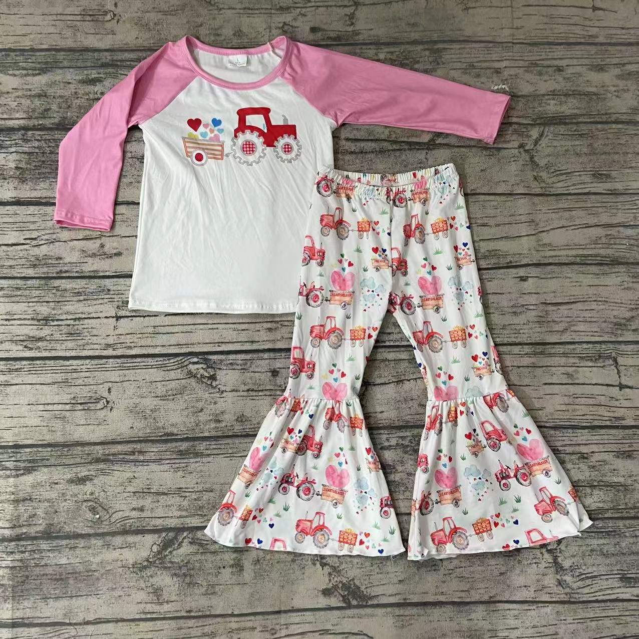 Valentine's day Pink Tractor with heart long sleeve long pants set