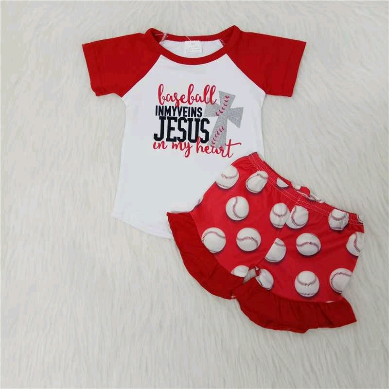 Red Football Girl Short Sleeve Ruffle Shorts Set