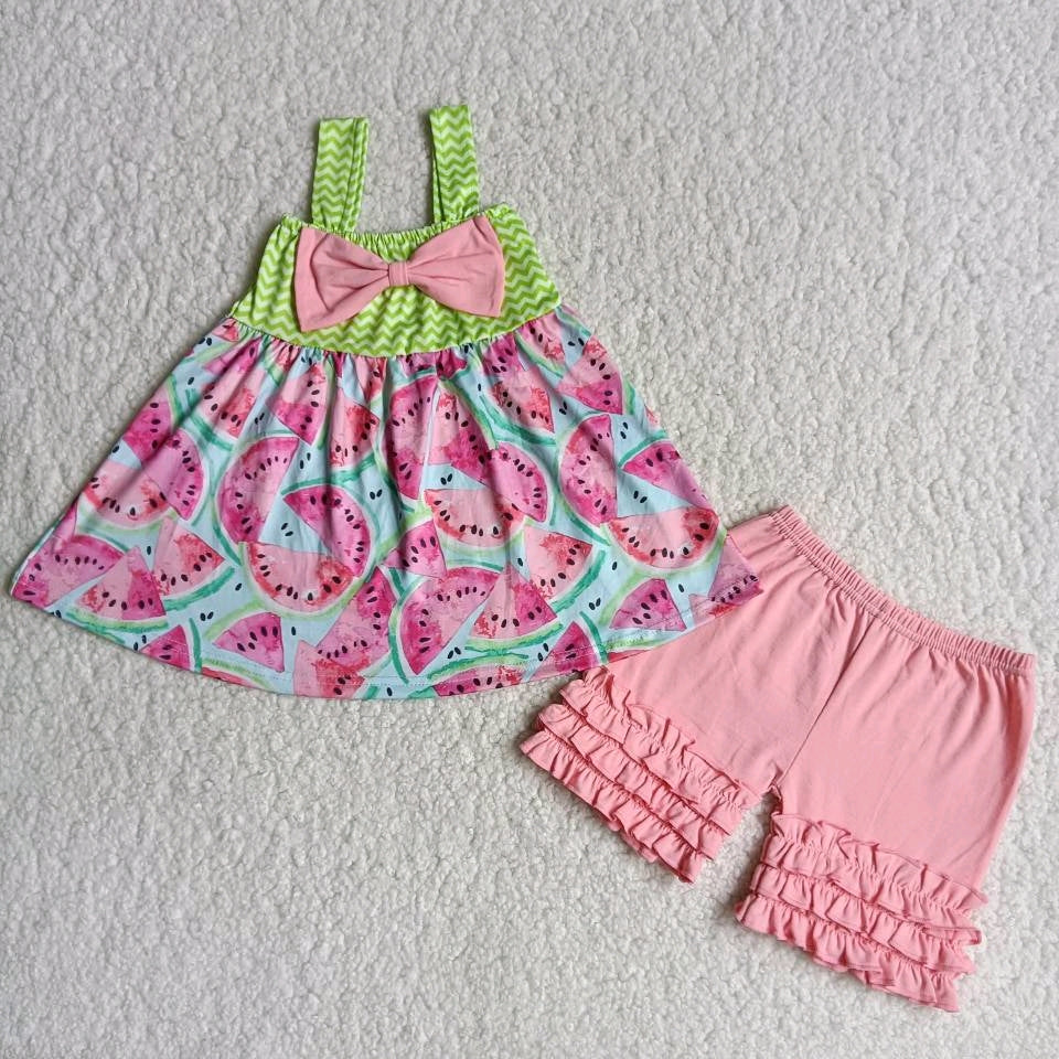 Watermelon pink short sleeve Dresses pink Ruffle Pants Outfit