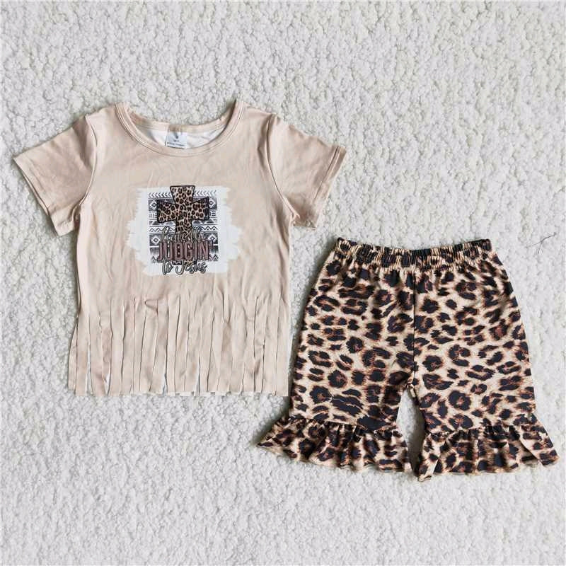 Cross Girl Short Sleeve T-shirt Leopard Ruffle Shorts Set